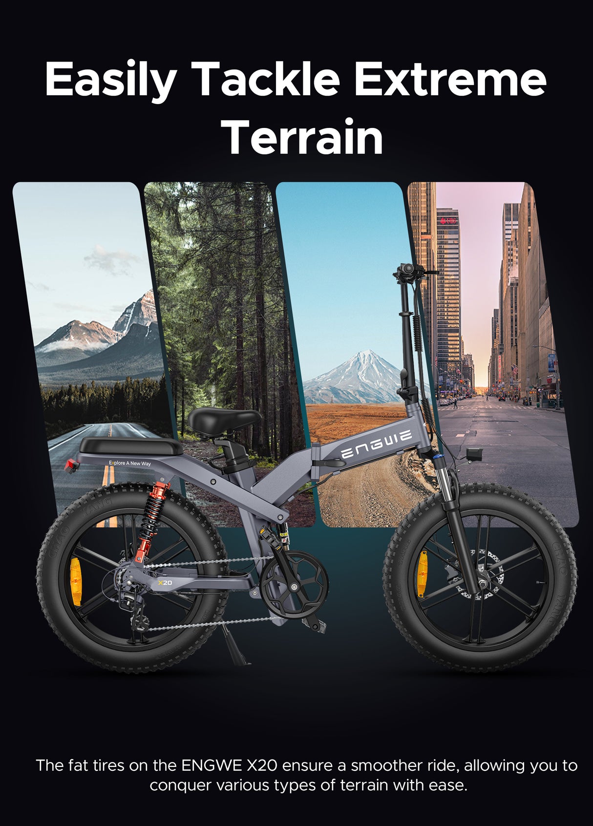 the engwe x20 fat tire electric bike can help you easily tackle extreme terrain