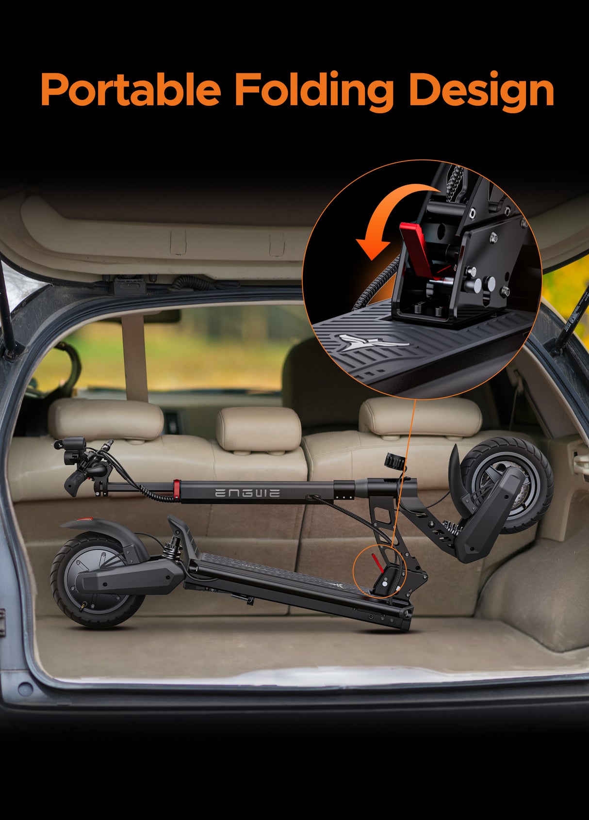 a folded engwe y400 adult scooter in the trunk of a car