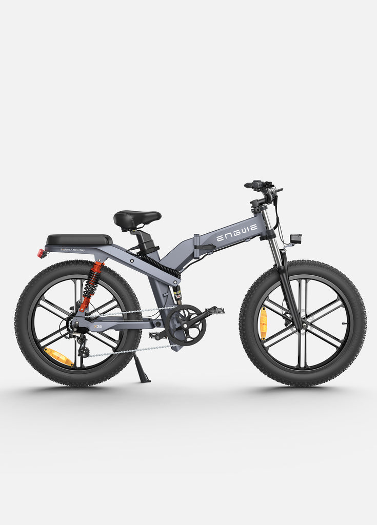 a gray engwe x26 folding electric bike with fat tires