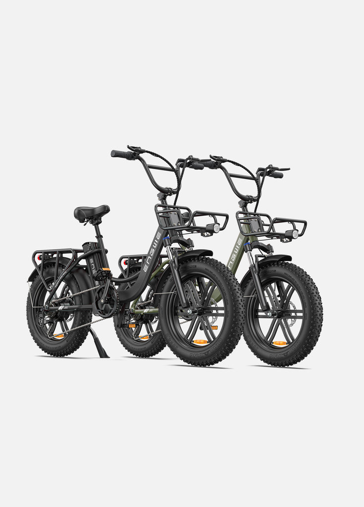 1 onyx black and 1 avocado green engwe l20 commuter bikes