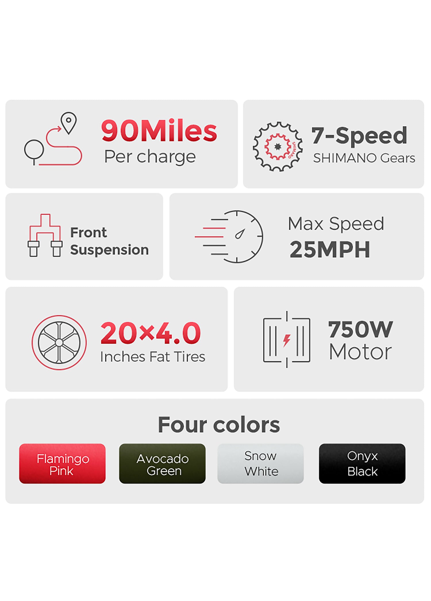 engwe l20 features: 90 miles per charge, 7-speed shimano gears, front suspension, top speed of 25mph, 20*4.0 fat tires, 750w motor, 4 colors