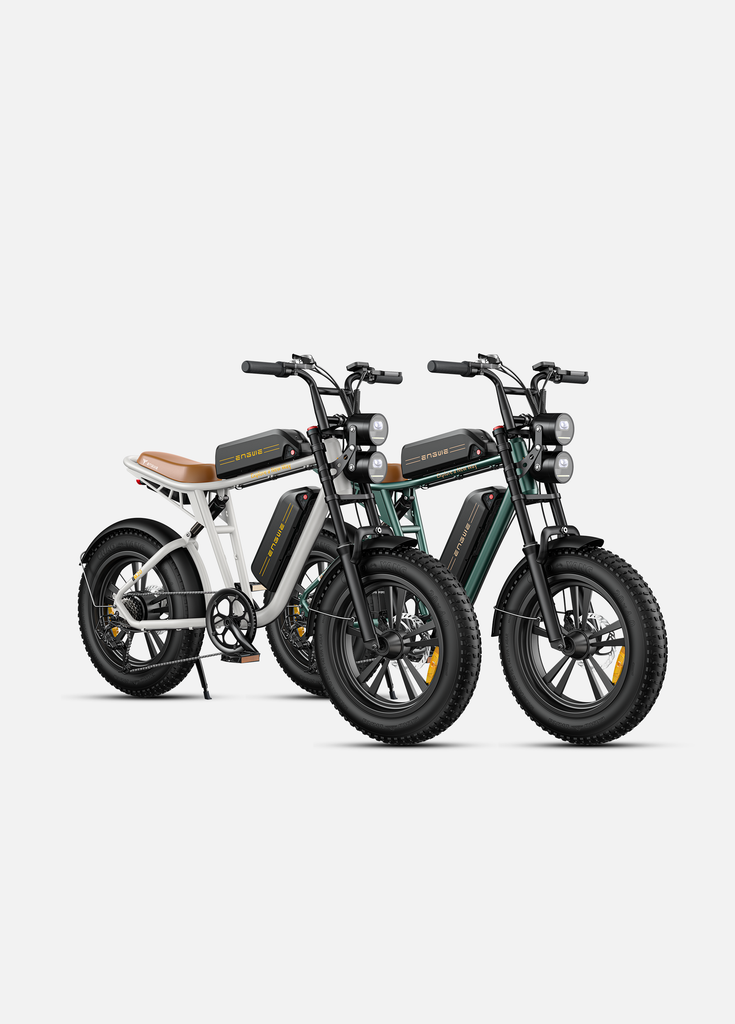 1 white and 1 green engwe m20 electric bikes