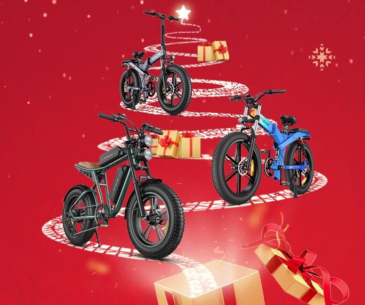several gift boxes and 3 ENGWE bikes on a red background