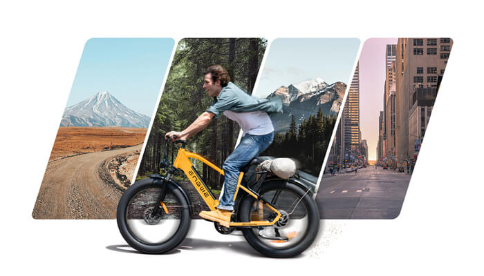 a man riding an engwe e26 electric bike through different scenes