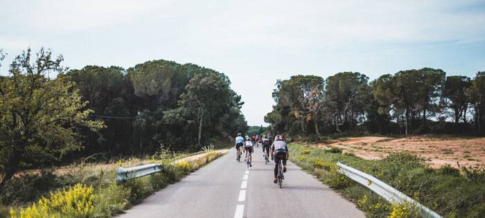 A group of cyclists riding in the countryside