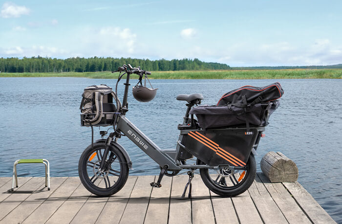 a grey engwe le20 electric cargo bike by the river