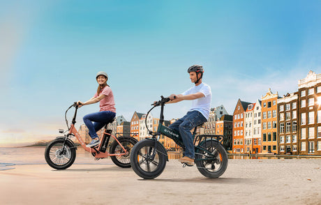 2 people ride engwe fat tire electric bike on beach