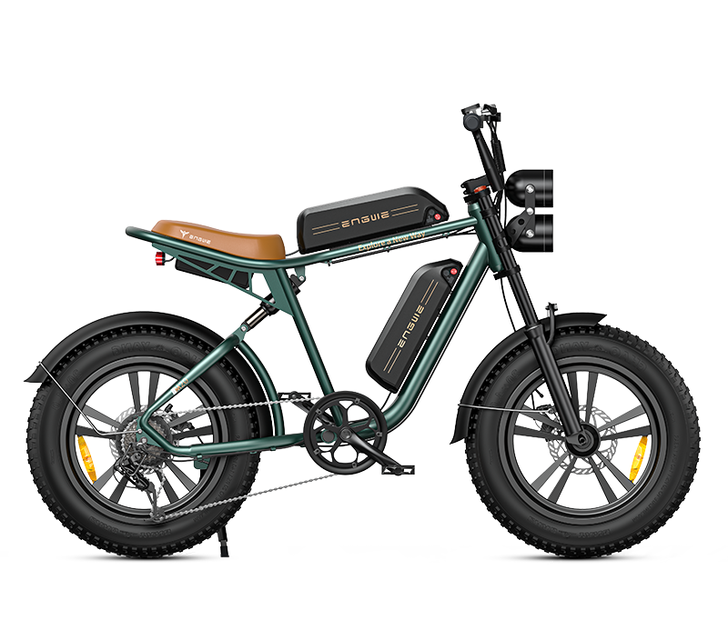 a green engwe m20 moped-style e bike