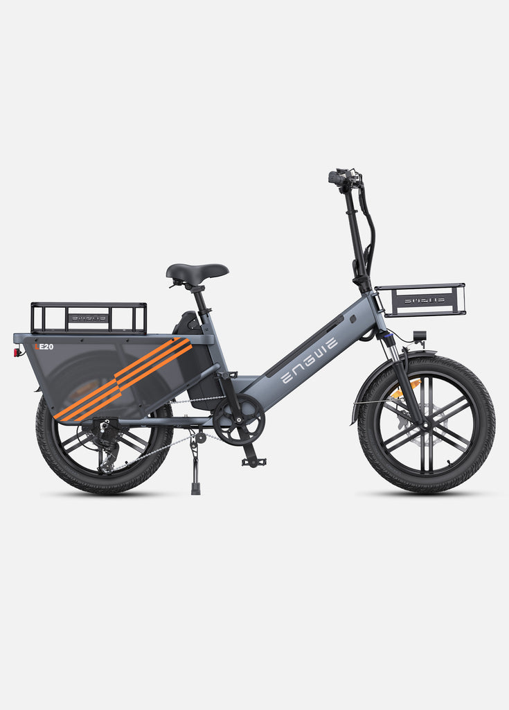 a grey engwe le20 electric bike for family with bike baskets in the front and rear