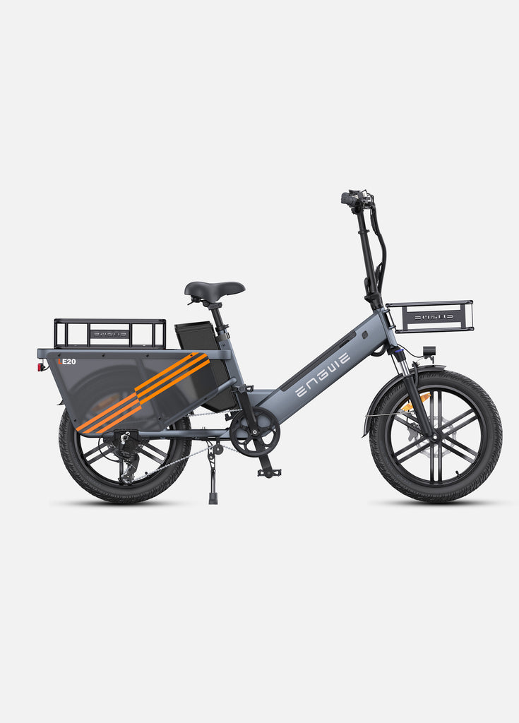 a grey engwe le20 electric cargo bike with a front bike basket and a rear bicycle basket