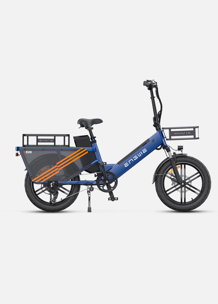 a blue engwe le20 electric delivery bike with baskets for back and front of bike