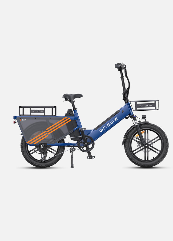 a blue engwe le20 electric cargo bicycle with 2 bike baskets