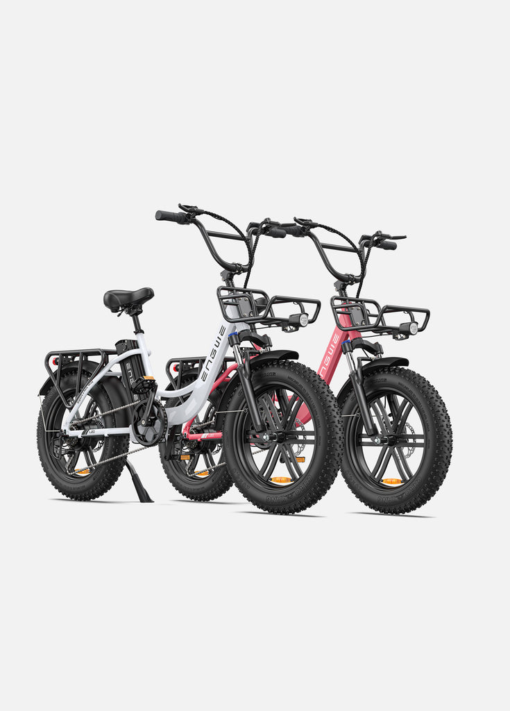 1 snow white and 1 flamingo pink engwe l20 step thru electric bikes