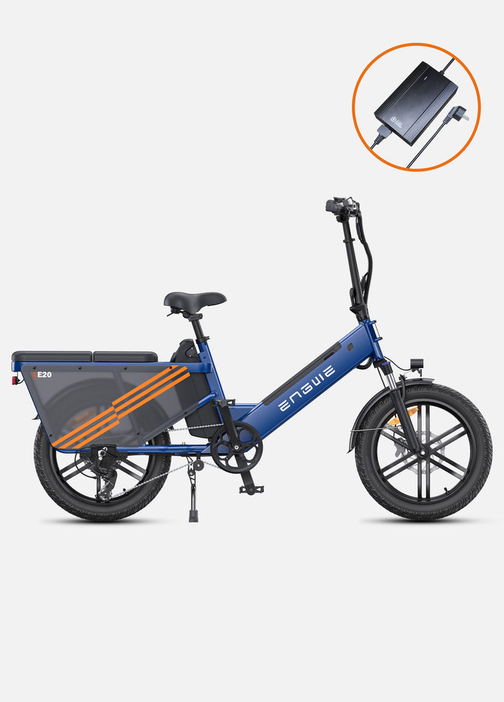 a blue engwe le20 family cargo ebike and a fast charger