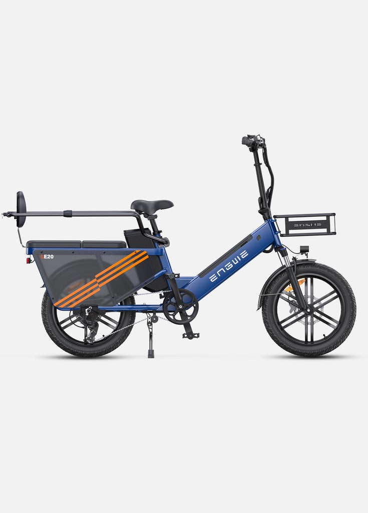 a blue engwe le20 with a front bike basket and a rear bike guardrail