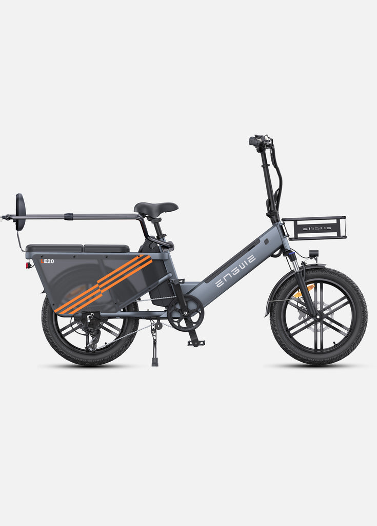 a grey engwe le20 electric utility bike with a rear fence and a backrest
