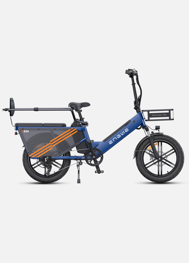 a blue engwe le20 cargo e-bike with a front bike basket and a rear guardrail