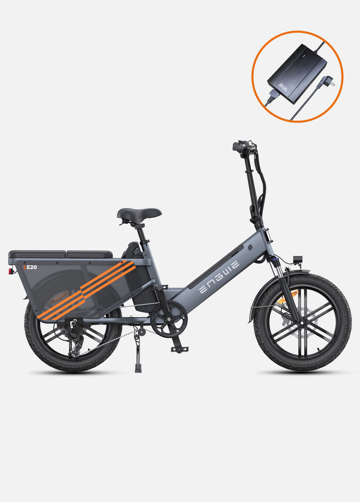 a grey engwe le20 electric cargo bike for family and a fast charger