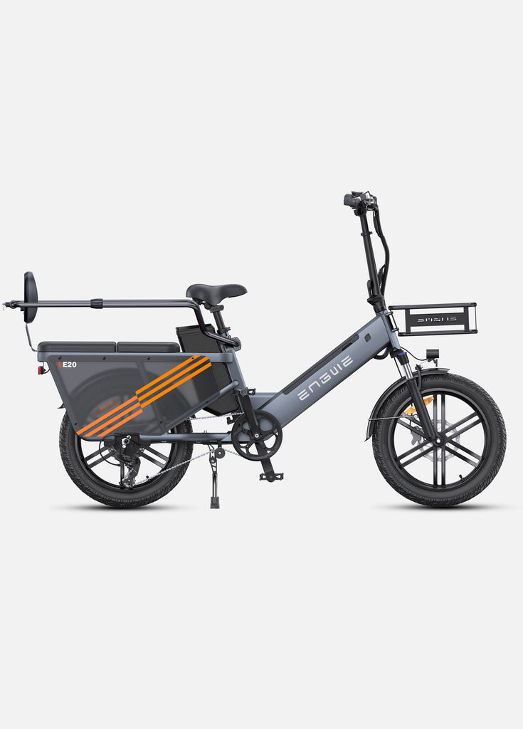 a grey engwe le20 electric cargo bicycle with a bike guardrail and a backrest