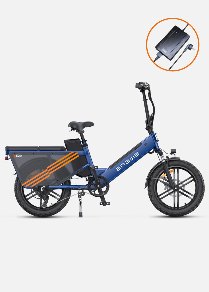 a blue engwe le20 family cargo ebike and a fast charger