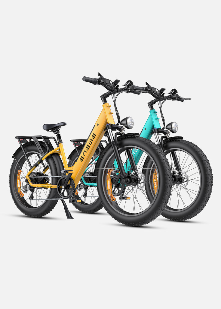 1 bumble yellow and 1 gem blue engwe e26 commuter bikes