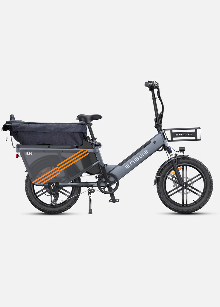 a grey engwe le20 family ebike with a bike rear guardrail and a guardrail cover