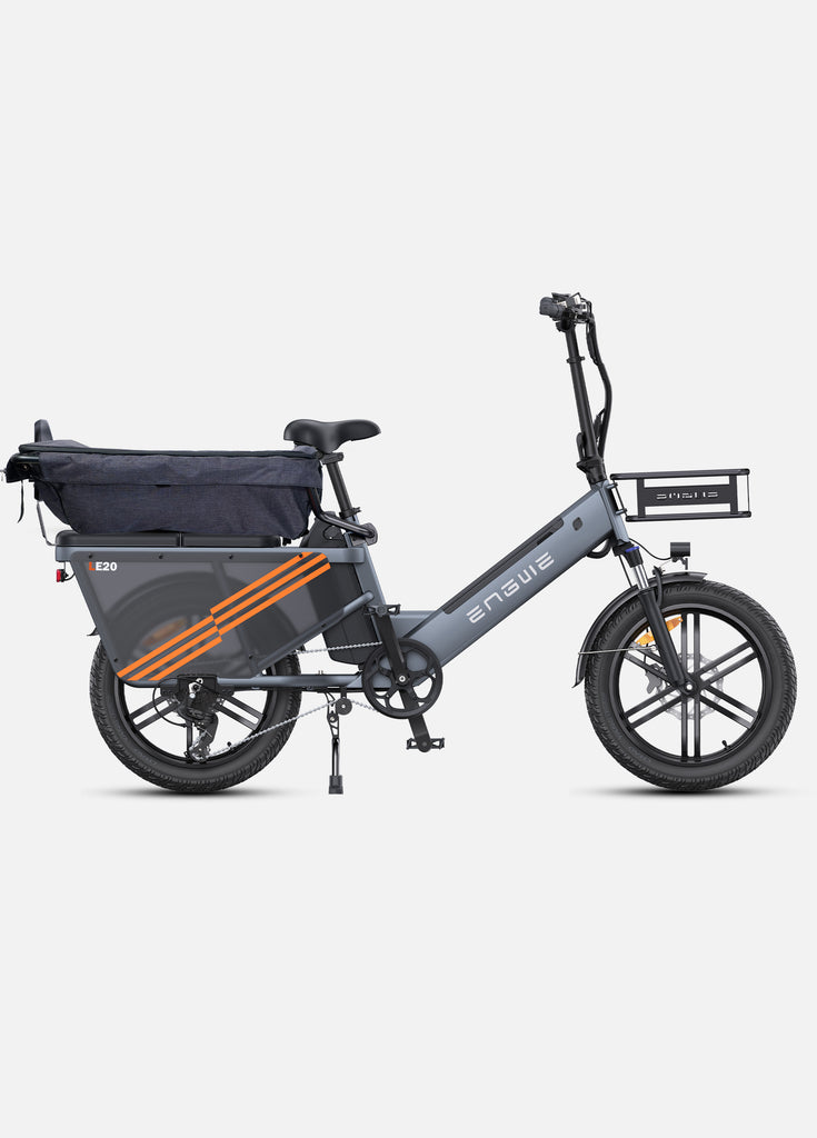 a grey engwe le20 ebike wagon with a bike basket at the front and a covered guardrail at the rear