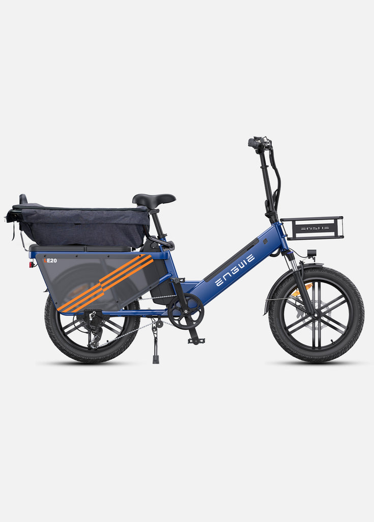 a blue engwe le20 electric cargo bike with a bike basket and a guardrail with cover