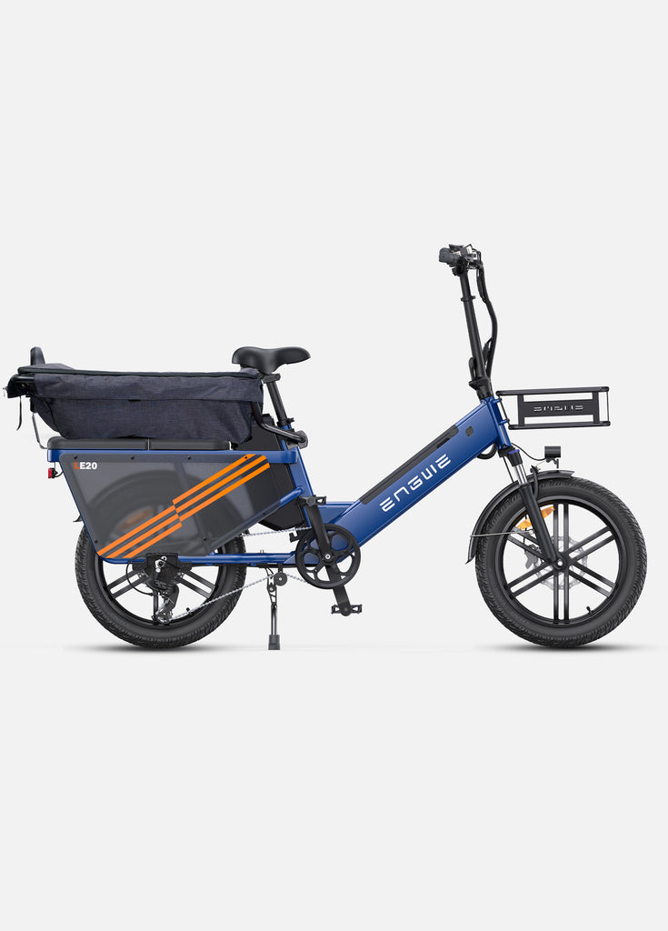 a blue engwe le20 family cargo ebike with a rear bike guardrail with cover