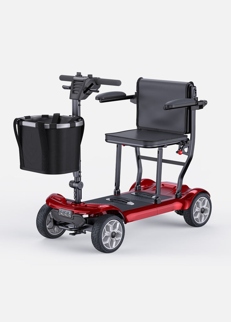 a red engwe ease 2 pro folding mobility scooter with a front basket