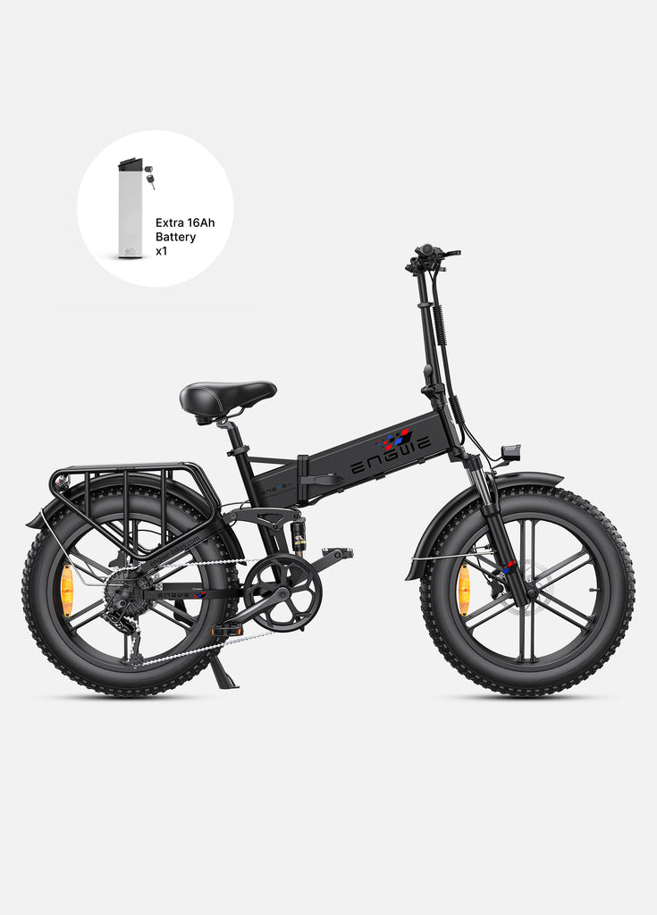 a black engwe engine pro e-bike with an extra 16ah battery 