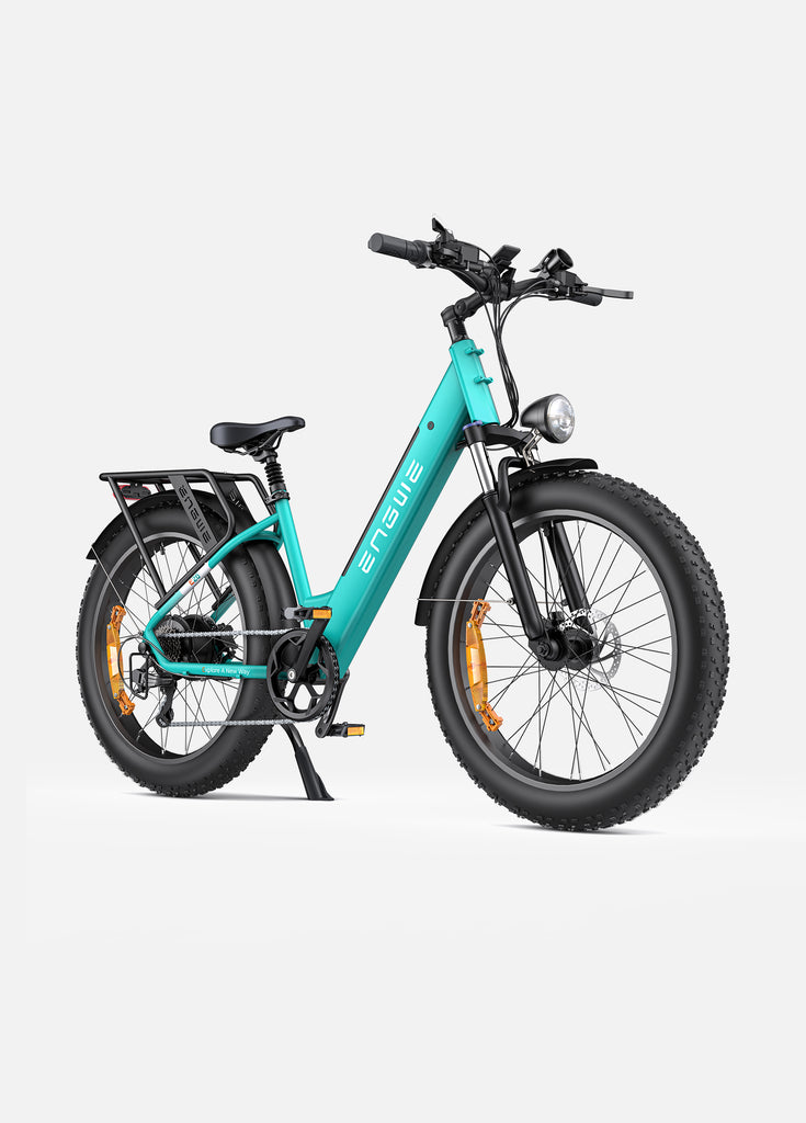 the side view of the gem blue engwe e26 electric bike with fat tires