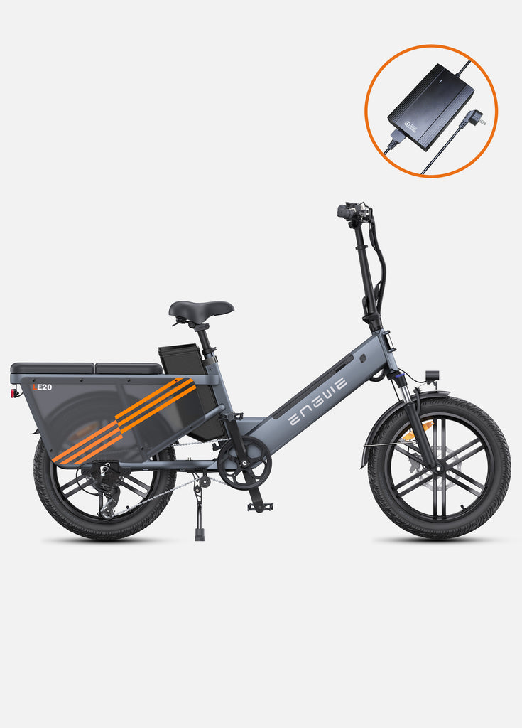 a grey engwe le20 electric cargo bike for family and a fast charger