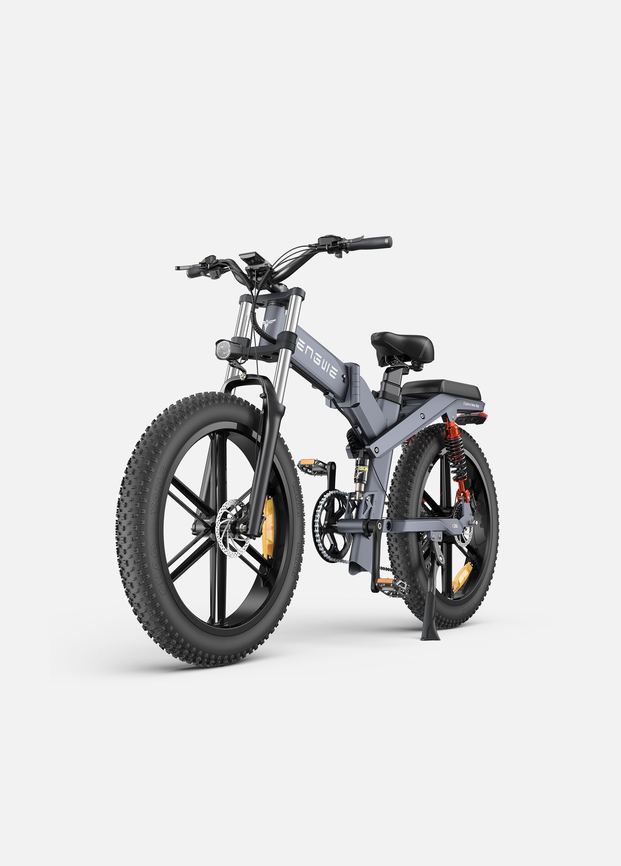 a gray engwe x26 foldable electric mountain bike