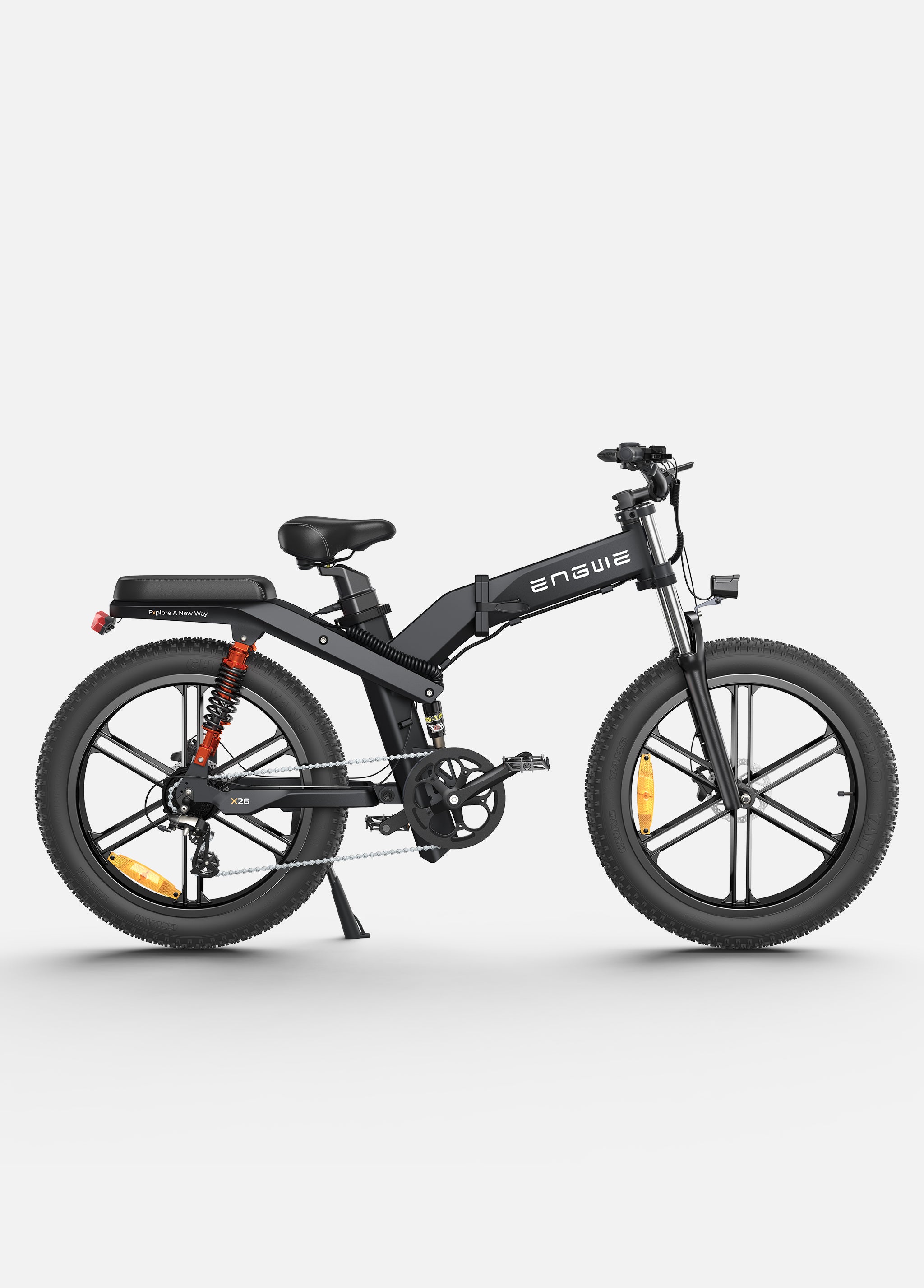 a black engwe x26 foldable full suspension electric mountain bike 