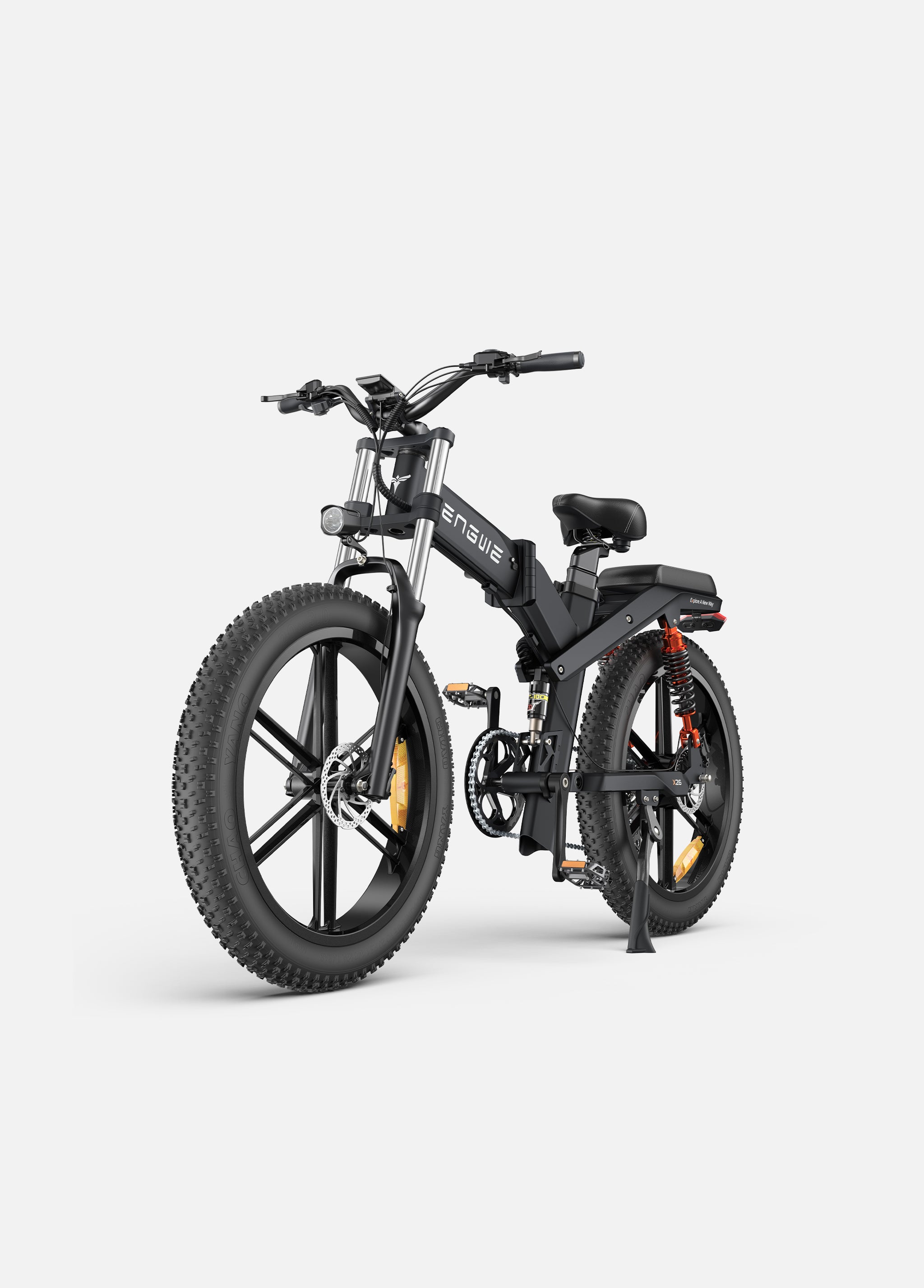 a black engwe x26 foldable electric mountain bike