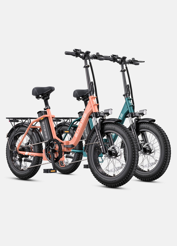 1 rose pink and 1 sea green engwe l20 2.0 electric folding bikes
