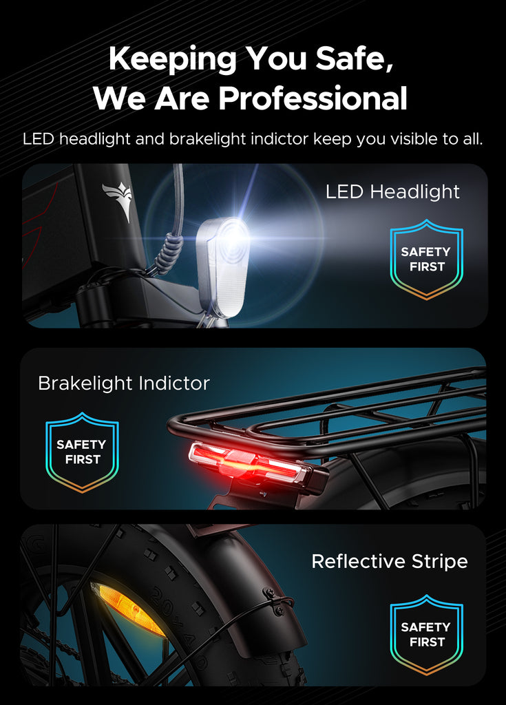 led headlight, brakelight indictor, reflective stripe of ep-2 pro e-bike