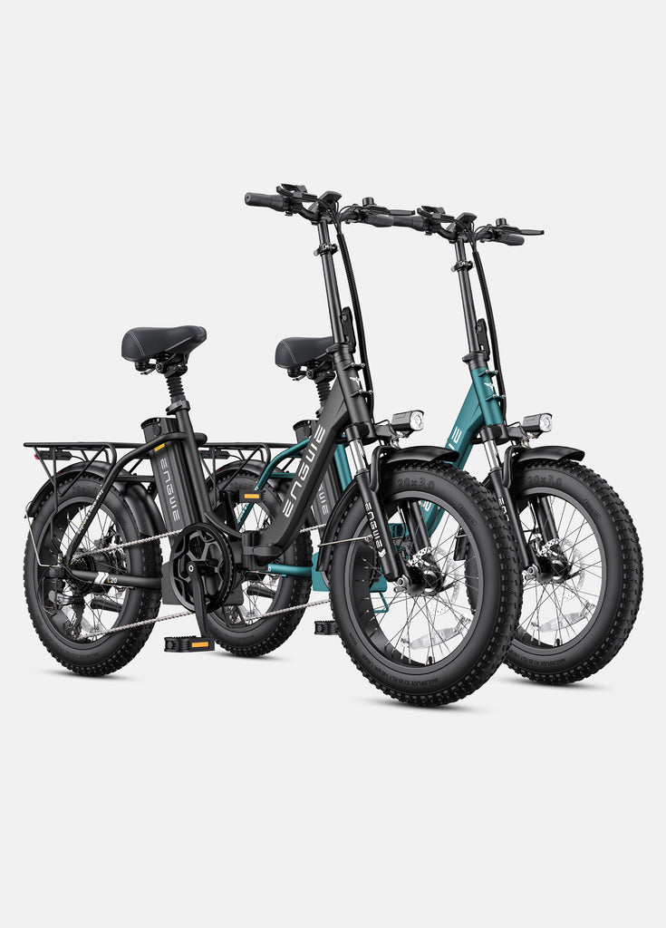 1 onyx black and 1 sea green engwe l20 2.0 electric bikes