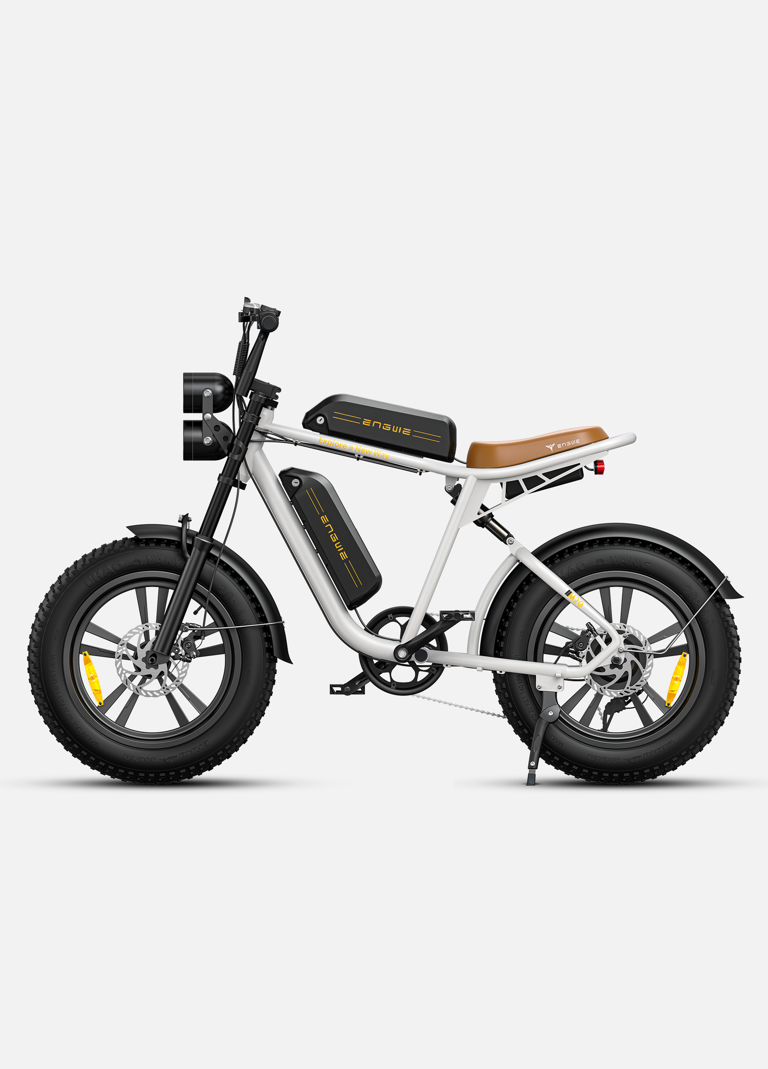 a white engwe m20 electric bike