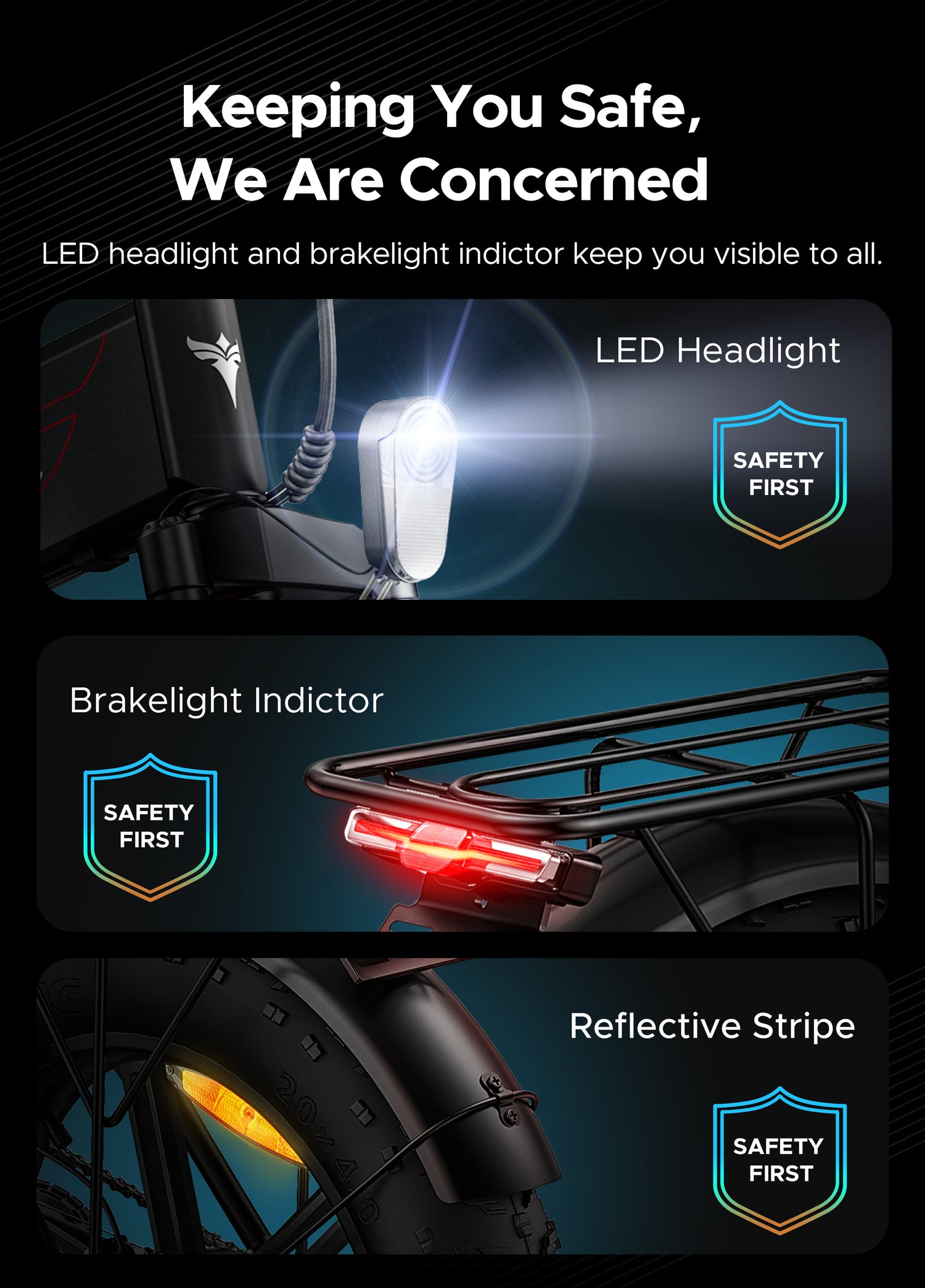 led headlight, brakelight indictor, reflective stripe of ep-2 pro e-bike