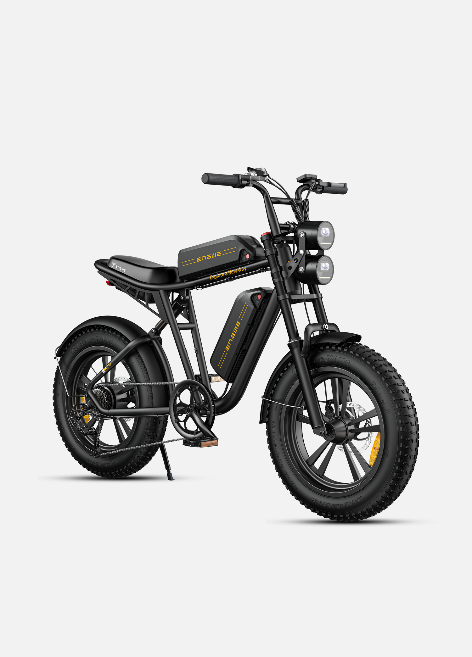 a black engwe m20 moped-style e-bike with dual batteries