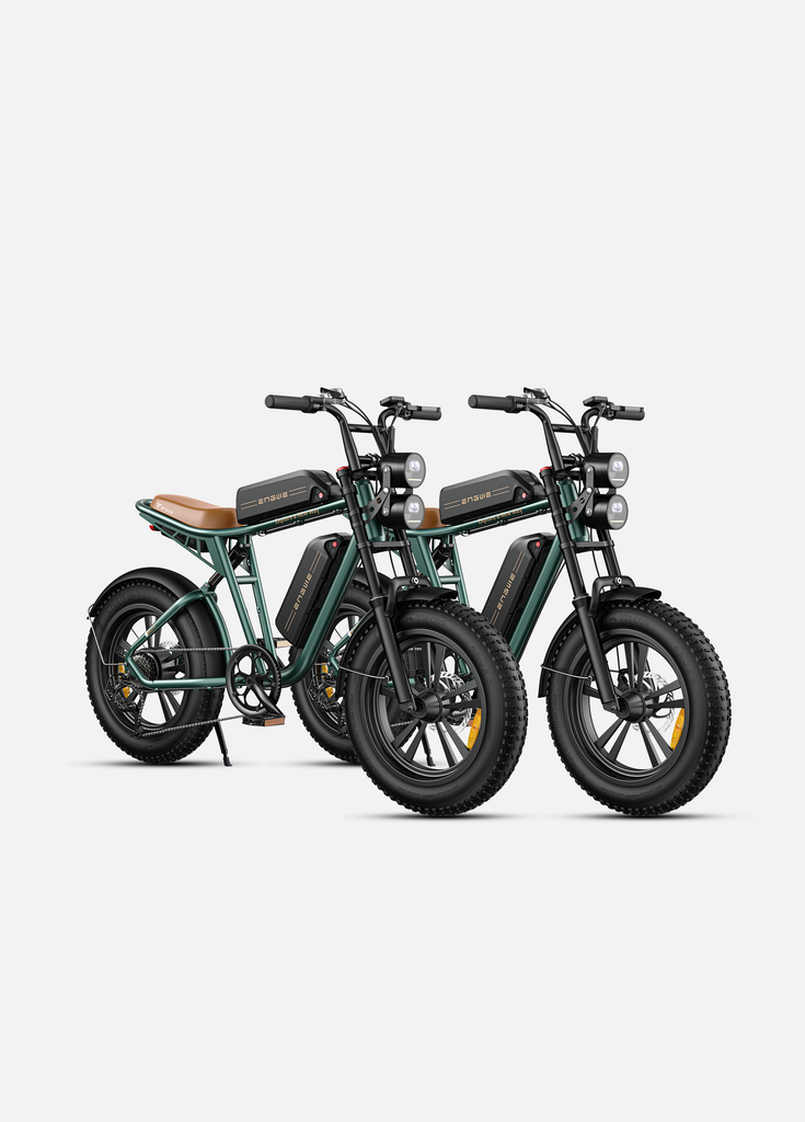 2 green dual battery engwe m20 e-bikes