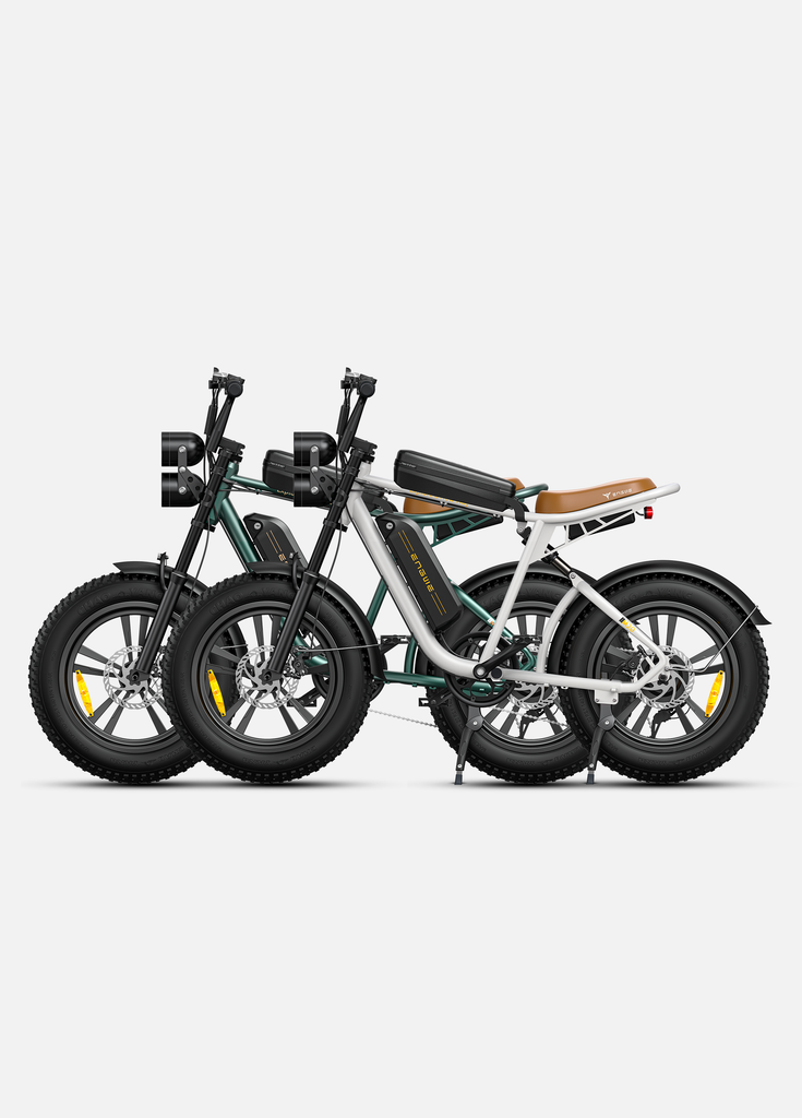 a green and a white engwe m20 electric bikes