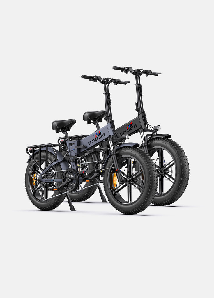1 gray and 1 black engwe engine pro folding e-bikes