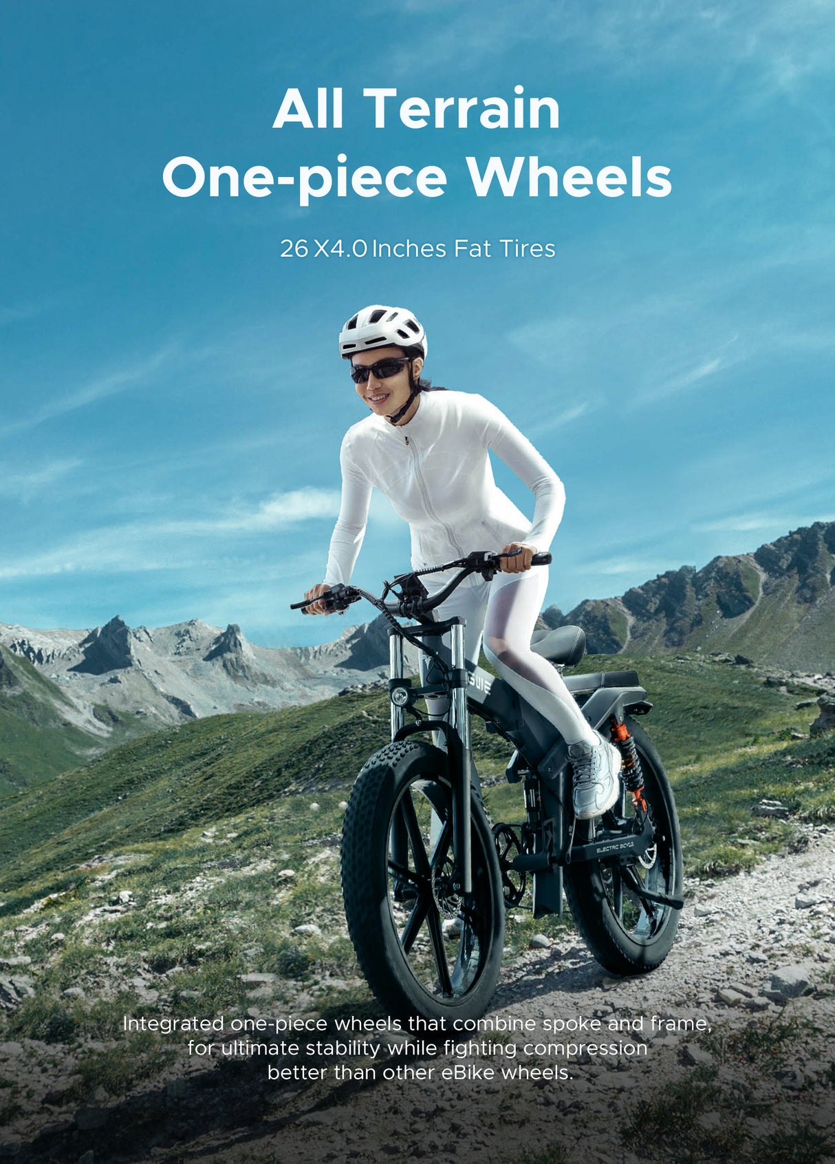 a woman riding a black engwe x26 folding electric bike on a mountainous terrain