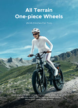 a woman riding a black engwe x26 folding electric bike on a mountainous terrain