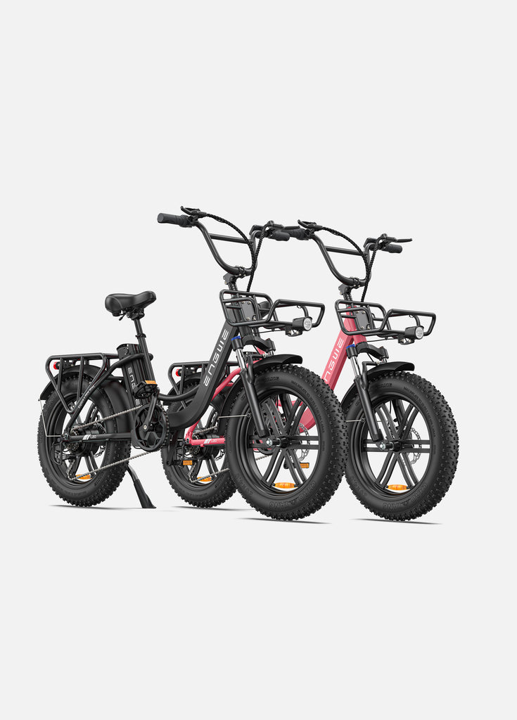 1 onyx black and 1 flamingo pink engwe l20 fat tire electric bikes