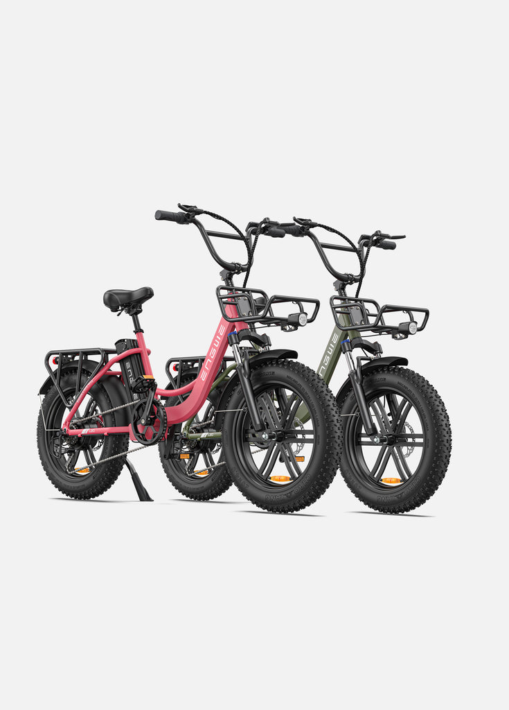 1 flamingo pink and 1 avocado green engwe l20 e bikes with fat tires